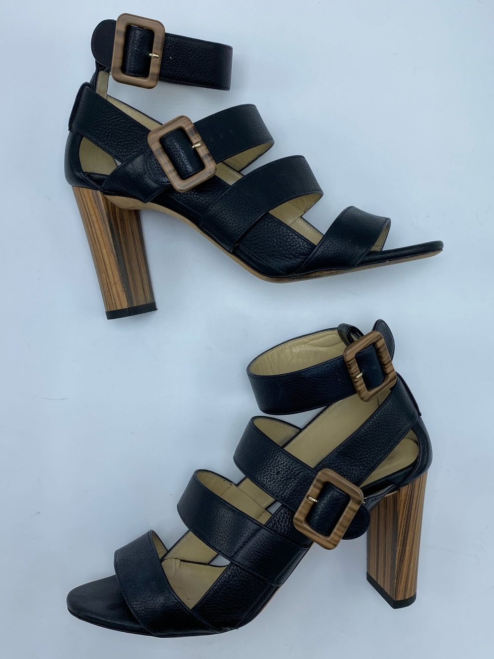 Jimmy Choo size 7 / 37 Black Strappy Block Heel Sandals with Wood-Effect Heel